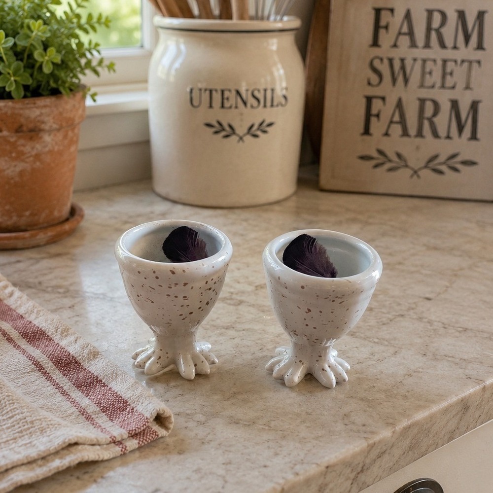 Set of 2 Speckled Ceramic Egg Cups with Bird Claw Feet and Feather Detail